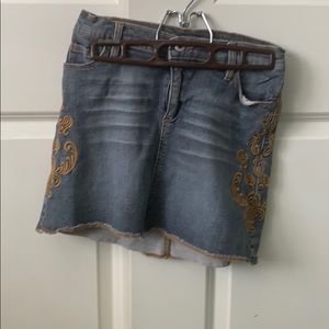 Allen B Jean skirt with embroidered details.